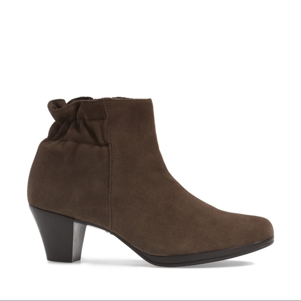 Munro Alfie Bootie Brown Suede Ruched Almond Toe